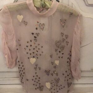Free People Sheer Pink Heart Embellished Blouse